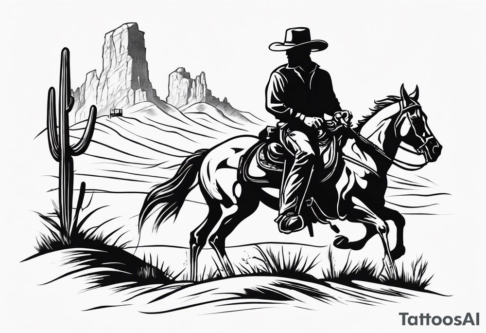 skeleton with a cowboy hat, holding a revolver, in the background there's a western hill and a man on a horseback tattoo idea