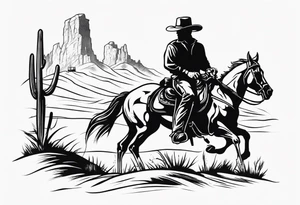 skeleton with a cowboy hat, holding a revolver, in the background there's a western hill and a man on a horseback tattoo idea