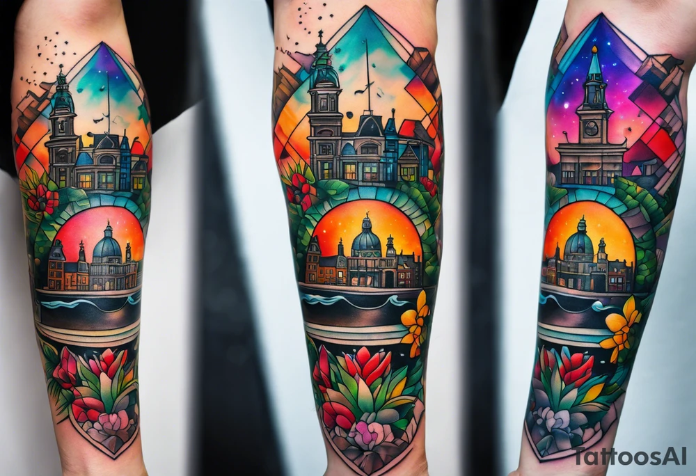 Tattoo of animals in Amsterdam featuring Amsterdam buildings and canal in galaxy colours featuring glass featuring woodland critters and birds and featuring pineapples tattoo idea
