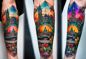Tattoo of animals in Amsterdam featuring Amsterdam buildings and canal in galaxy colours featuring glass featuring woodland critters and birds and featuring pineapples tattoo idea