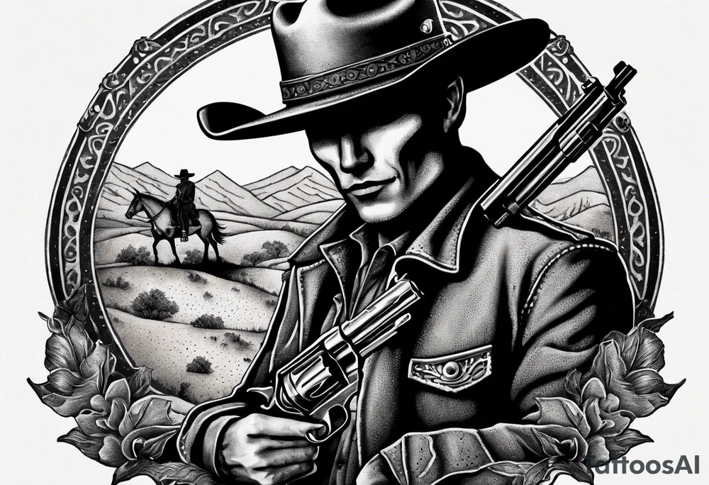 skeleton with a cowboy hat, holding a revolver, in the background there's a western hill and a man on a horseback tattoo idea