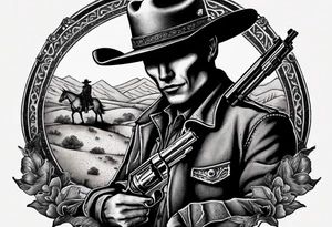 skeleton with a cowboy hat, holding a revolver, in the background there's a western hill and a man on a horseback tattoo idea