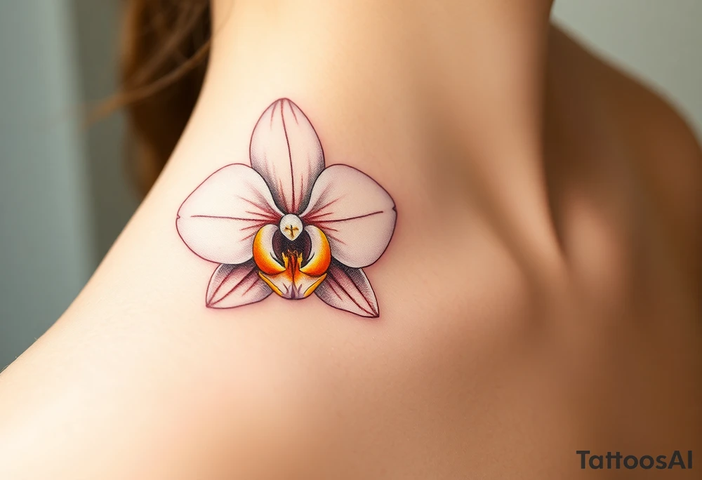 A single white orchid in full bloom, surrounded by subtle golden highlights, representing purity and elegance tattoo idea