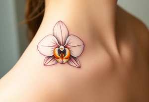A single white orchid in full bloom, surrounded by subtle golden highlights, representing purity and elegance tattoo idea