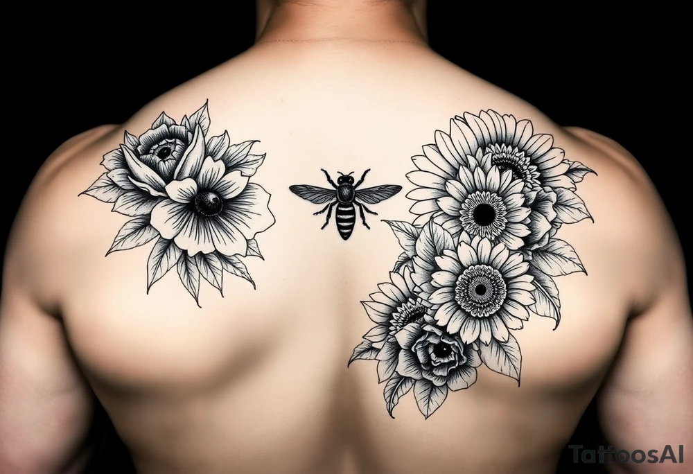 Create a design full sleeve arm tattoo with Tulip 
Sunflower 
Roses 
Bee 
Water 
Fire 
Earth 
Wind 
Phoenix 
Evil eye 
888 tattoo idea
