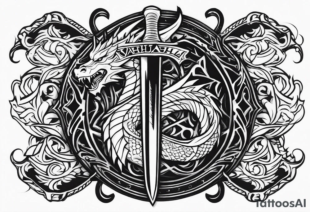 Valhalla sword shield dragon axe tattoo idea