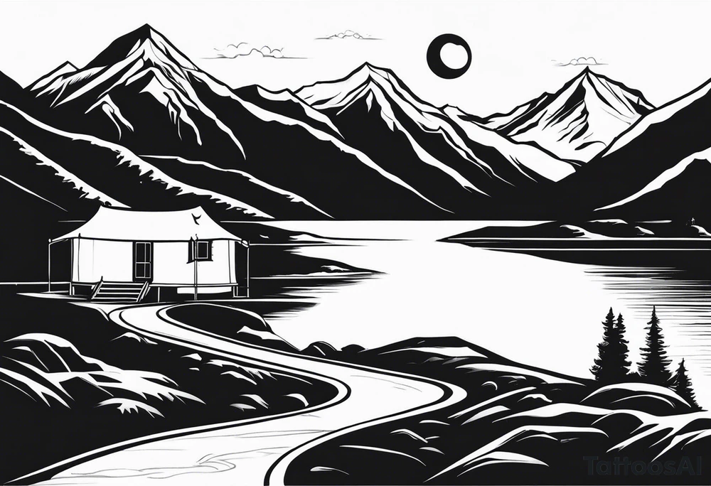 mountains, road, lake, yurt, sun, kyrgyzstan tattoo idea
