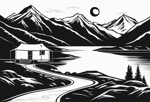 mountains, road, lake, yurt, sun, kyrgyzstan tattoo idea