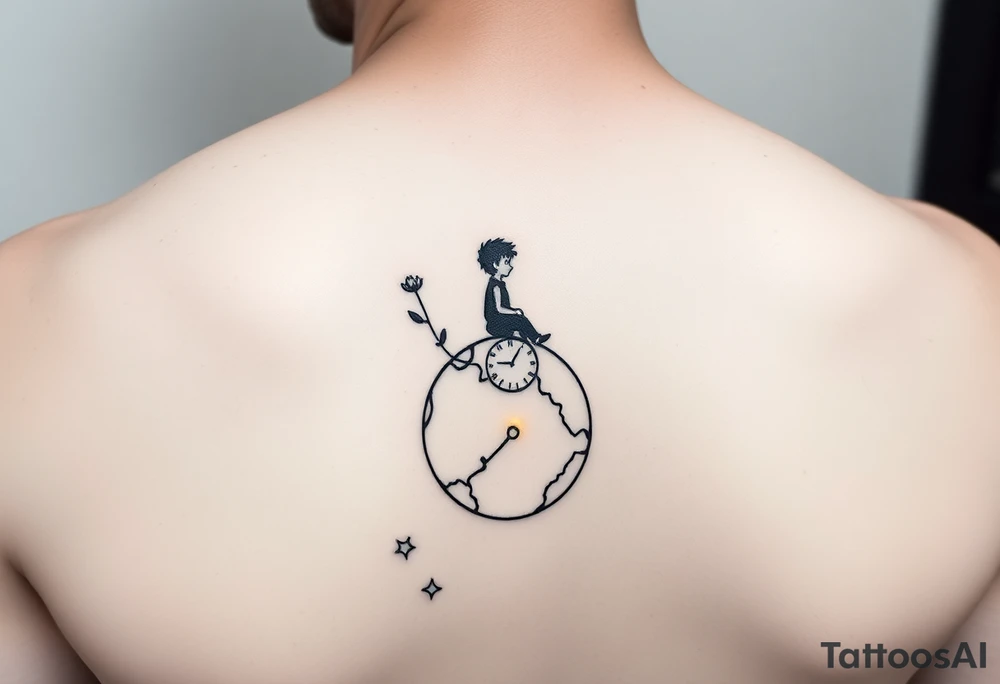 A minimalist, masculine silhouette of The Little Prince sitting calmly on a small cracked planet. The broken clock is represented by a simple partial clock face floating behind him. A single stylized flower grows from the planet’s surface. A small, simple star glows softly on his chest. The overall design uses clean, fine lines with minimal shading, focusing on simplicity and subtle symbolism. tattoo idea