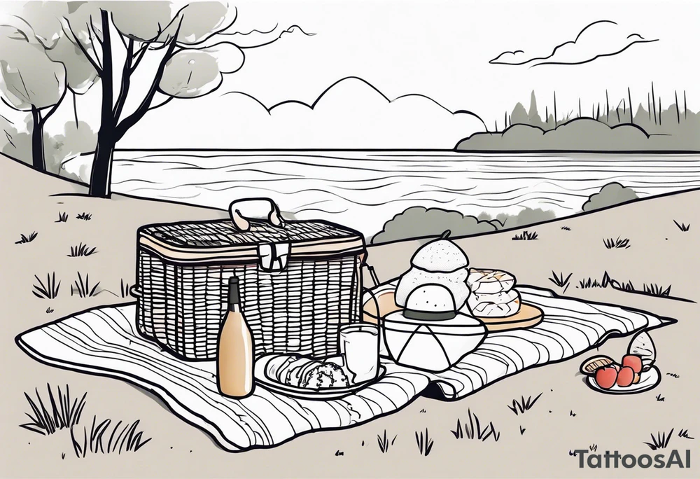 Light, minimalstic picnic scene in nature. A blanket on the ground with picnic-basket with lid, pillows and party tennants. Thin lines. tattoo idea