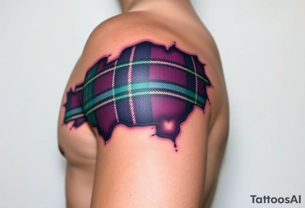 Dark Purple with green pink blue and white highlights tartan fabric on bicep with skin ripping away to reveal tartan underneath tattoo idea