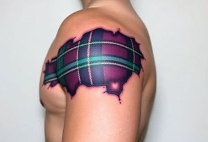 Dark Purple with green pink blue and white highlights tartan fabric on bicep with skin ripping away to reveal tartan underneath tattoo idea