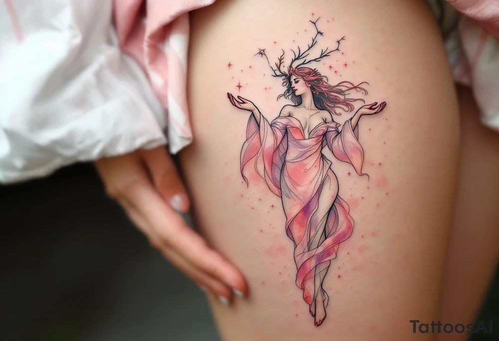 An ethereal Virgo maiden in faded rose pink carries the constellation in her open palms. tattoo idea
