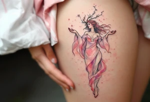 An ethereal Virgo maiden in faded rose pink carries the constellation in her open palms. tattoo idea