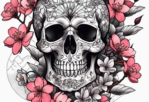 Skulls in cherry blossoms with 3 chickadees full sleeve tattoo idea