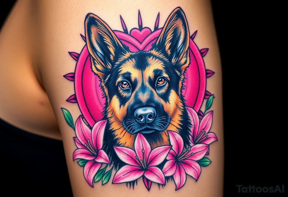 realistic german shepherd with alert ears looking protective with pink lilies in front of a sacred heart tattoo idea