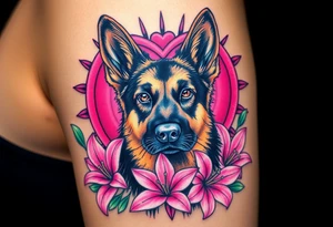 realistic german shepherd with alert ears looking protective with pink lilies in front of a sacred heart tattoo idea