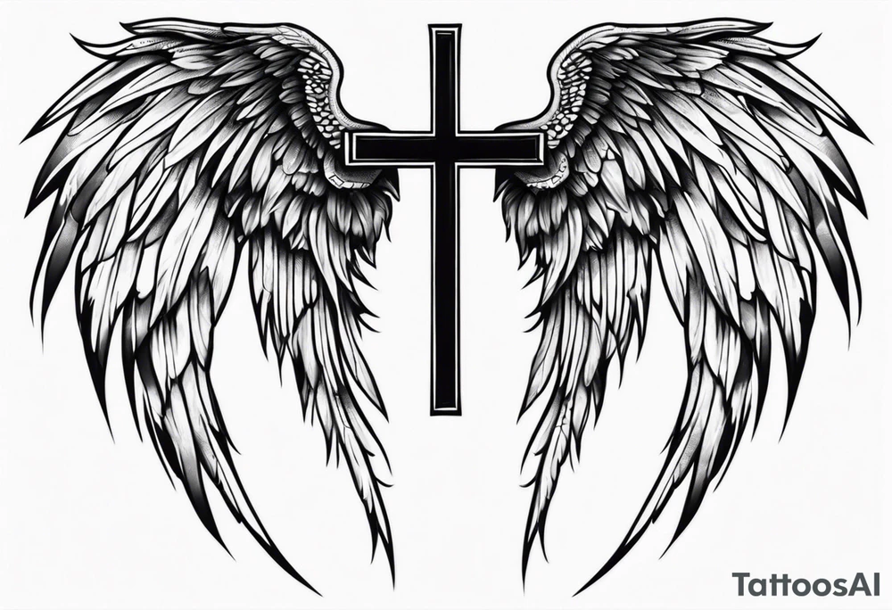 Realistic wings with an upside down cross between the wings tattoo idea Realistic wings with an upside down cross between the wings tattoo idea