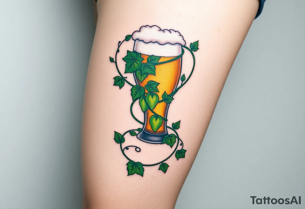 A hop vine wrapping around a pint glass, with delicate tendrils and leaves in vibrant green shades tattoo idea