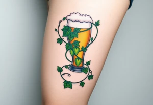 A hop vine wrapping around a pint glass, with delicate tendrils and leaves in vibrant green shades tattoo idea