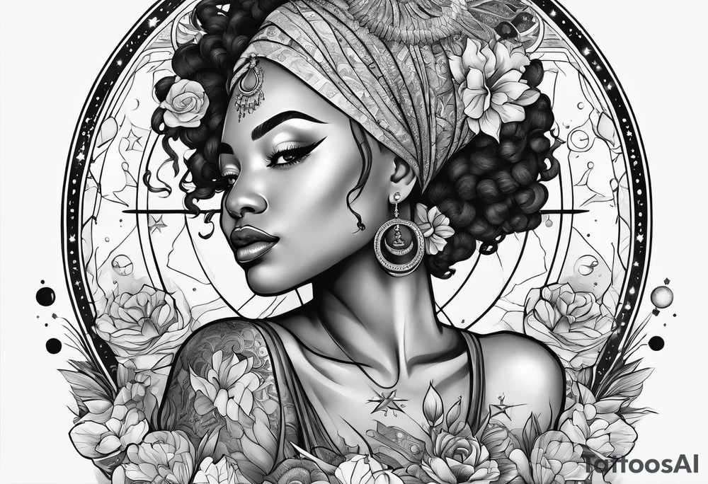 Black woman, enlightenment, wisdom, astronomy, cancer zodiac, natural, full arm tattoo idea