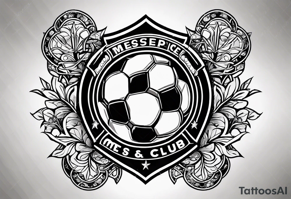 MÉS QUE UN CLUB text with soccer ball and a cross christian theme simple forearm tattoo idea