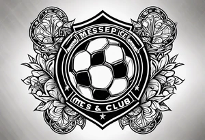 MÉS QUE UN CLUB text with soccer ball and a cross christian theme simple forearm tattoo idea