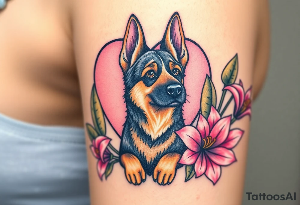 strong short haired german shepherd with alert ears surrounded by pink lilies with large leaves in front of a sacred heart tattoo idea