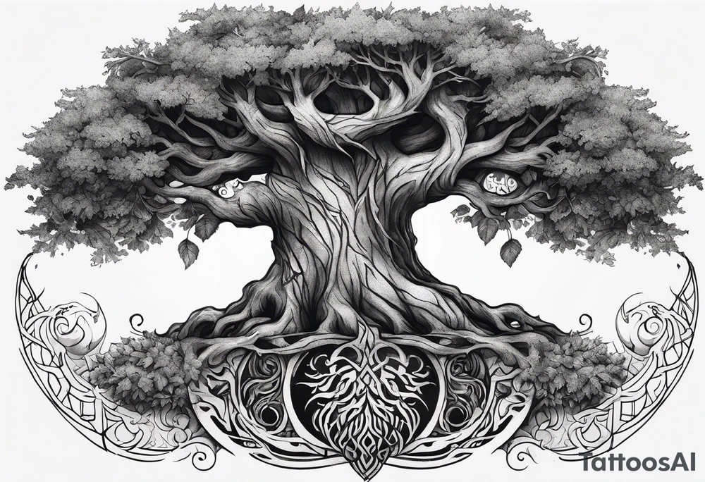 Tattoo of the norse world tree, one half is rotten, the other is full of leaves tattoo idea