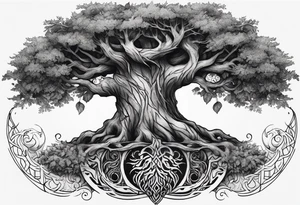Tattoo of the norse world tree, one half is rotten, the other is full of leaves tattoo idea