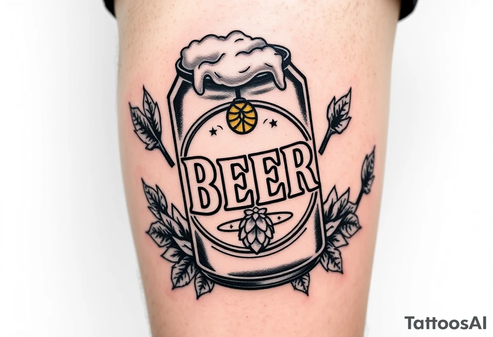 A vintage-style beer can with a retro label, featuring bold typography, a golden hop emblem, and subtle weathered textures. The can is slightly tilted, with frothy foam dripping over the top, and surrounded by barley stalks and hop vines tattoo idea