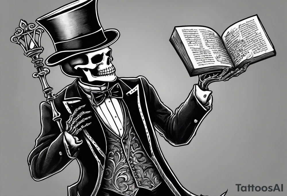 old time skeleton wearing a top hat holding a bible tattoo idea