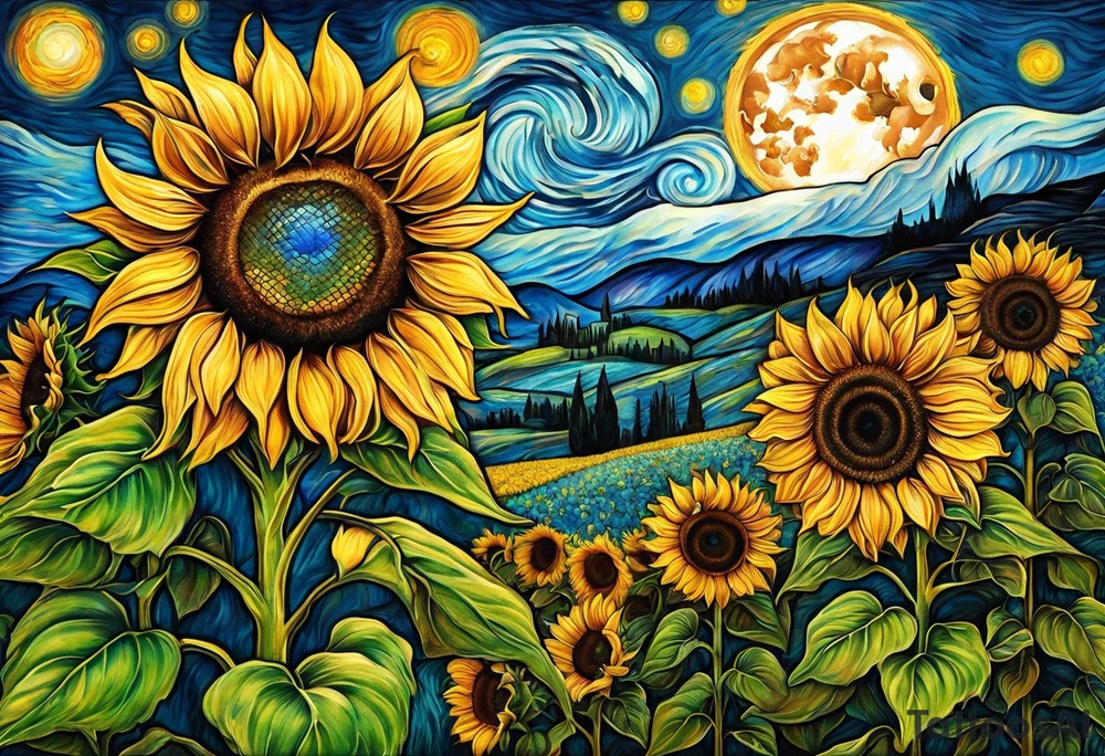 Sunflowers, full moon, blue morpho butterflies cross tattoo idea