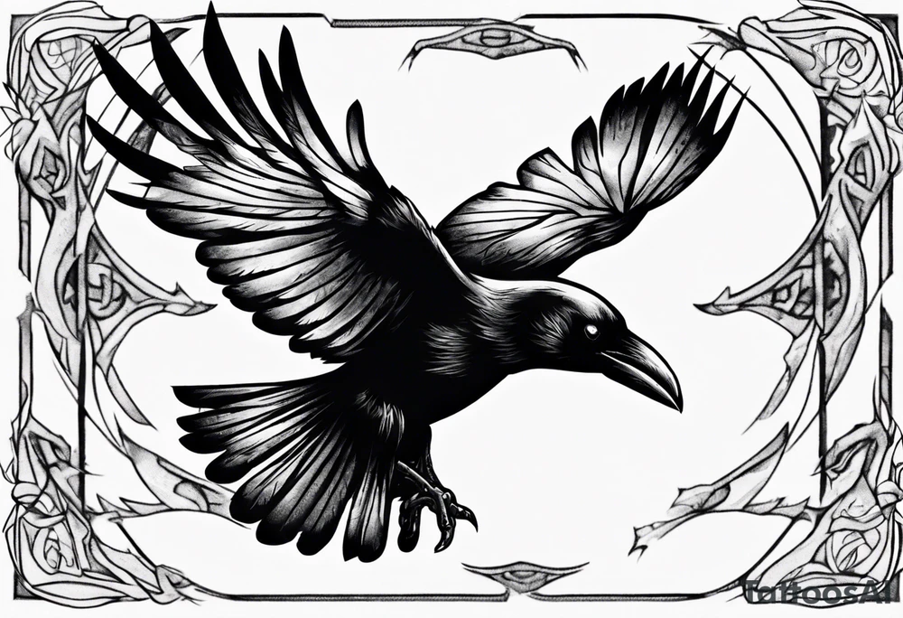 raven flying toward foreground tattoo idea