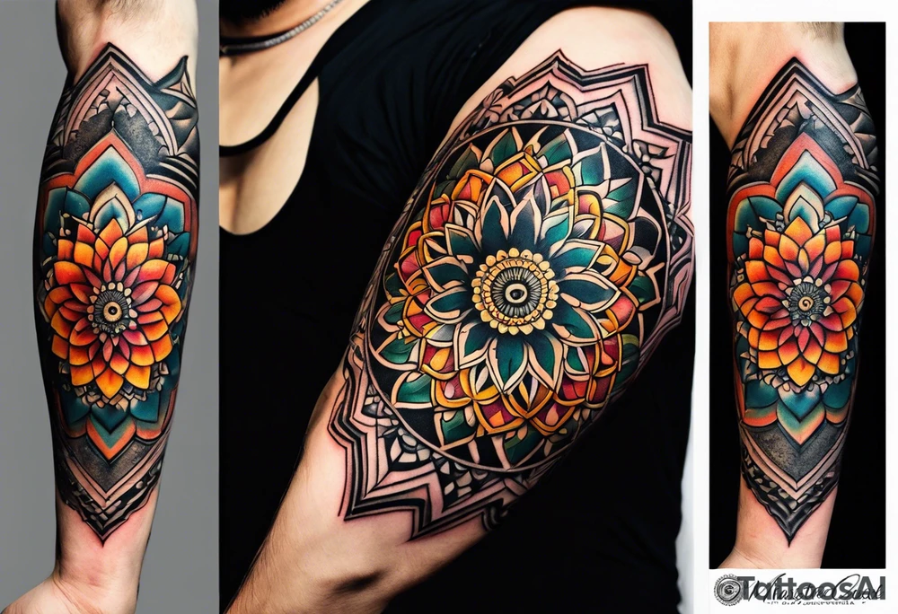 simple male mandala elbow tattoo in fall colors tattoo idea
