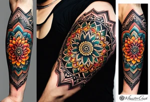 simple male mandala elbow tattoo in fall colors tattoo idea