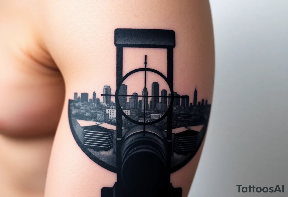 scope crosshairs with eerie Los Angeles city horizon in background tattoo idea