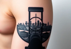 scope crosshairs with eerie Los Angeles city horizon in background tattoo idea