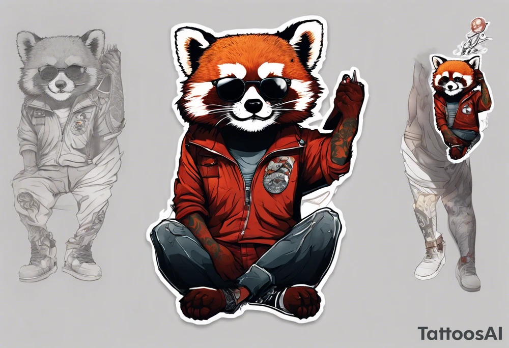 Tall Rebel red panda full body wearing aviator sunglasses and stretched up tall tattoo idea