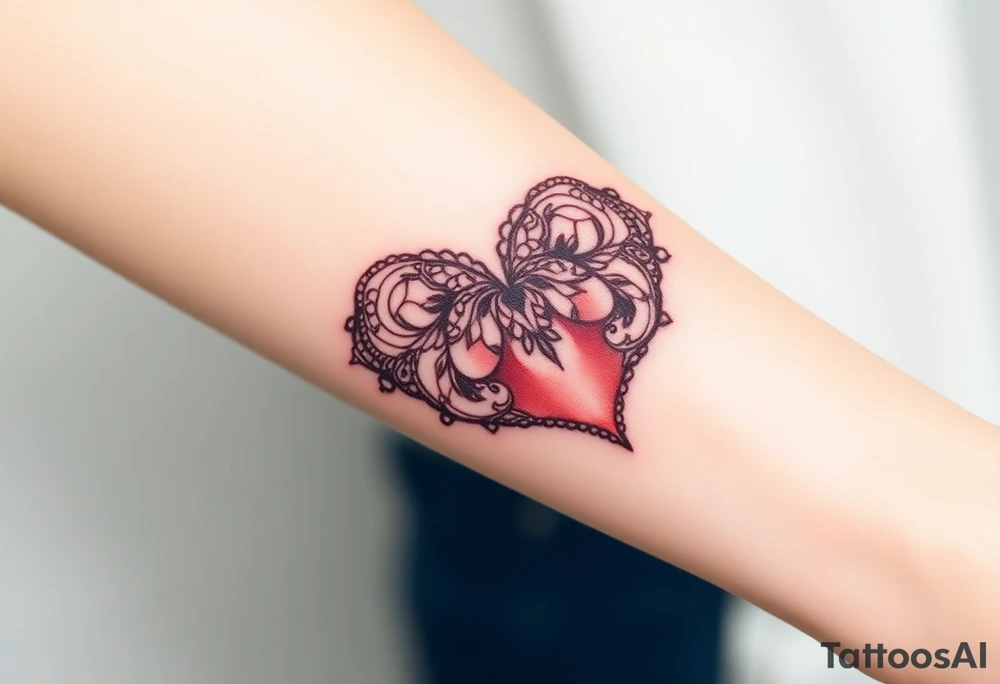 A deep burgundy lace heart, softly fading into a watercolor effect, symbolizing love and passion tattoo idea