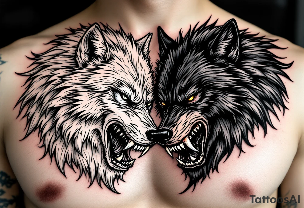 Strong white wolf next to a weak angry black wolf tattoo idea