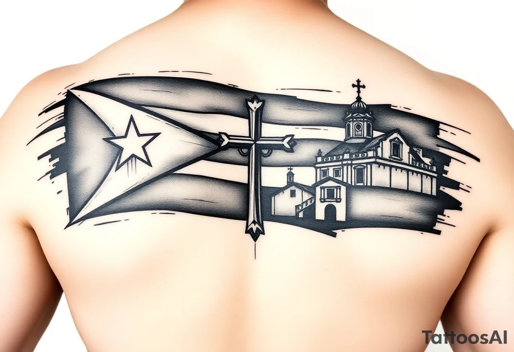 puerto rican flag , cross, old san juan in the background tattoo idea