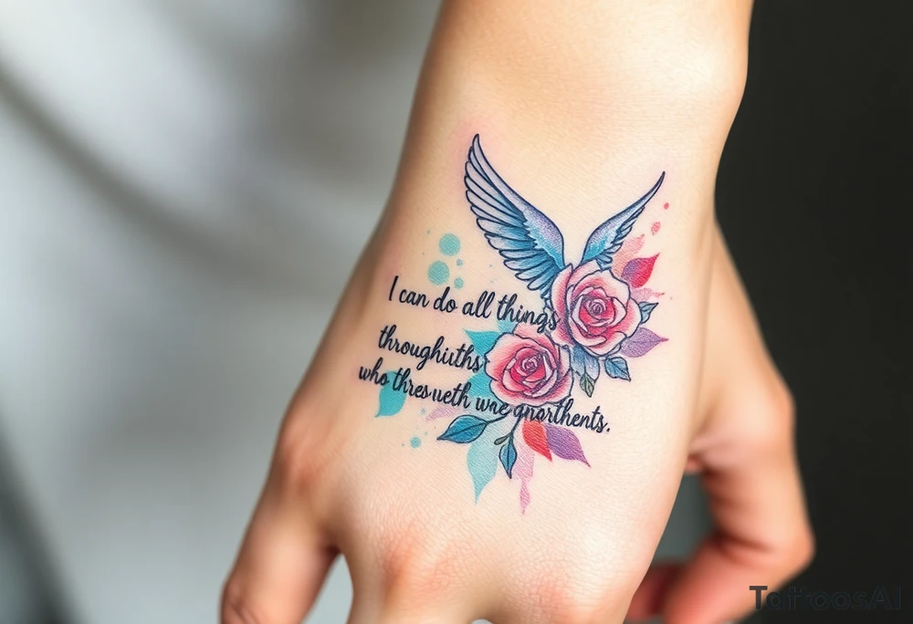 mary king and the bible verse “i can do all things through christ who strengthens me” and the verse with roses and an angel tattoo idea