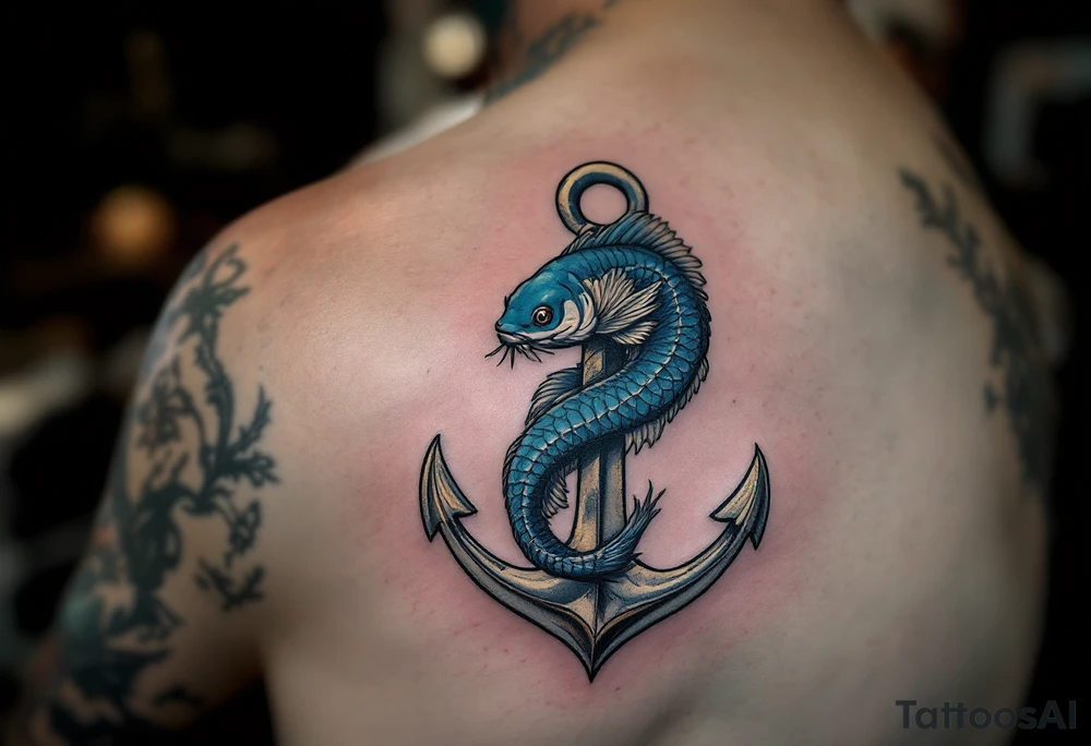 Catfish Wrapped Around Anchor – A dark blue-gray catfish coiled protectively around a weathered iron anchor, symbolizing strength, grounding, and loyalty. tattoo idea