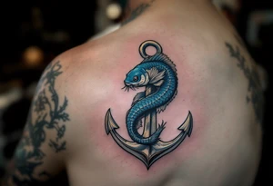 Catfish Wrapped Around Anchor – A dark blue-gray catfish coiled protectively around a weathered iron anchor, symbolizing strength, grounding, and loyalty. tattoo idea
