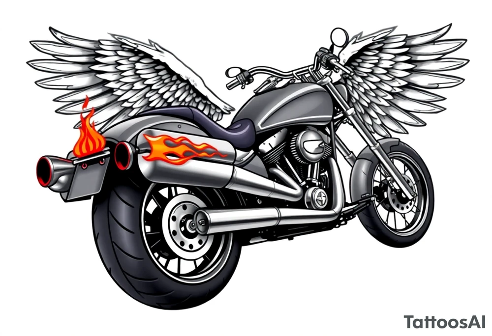 Low rider grey motorcycle, big muffler pipes with flames, angel wings, driving away, no person tattoo idea