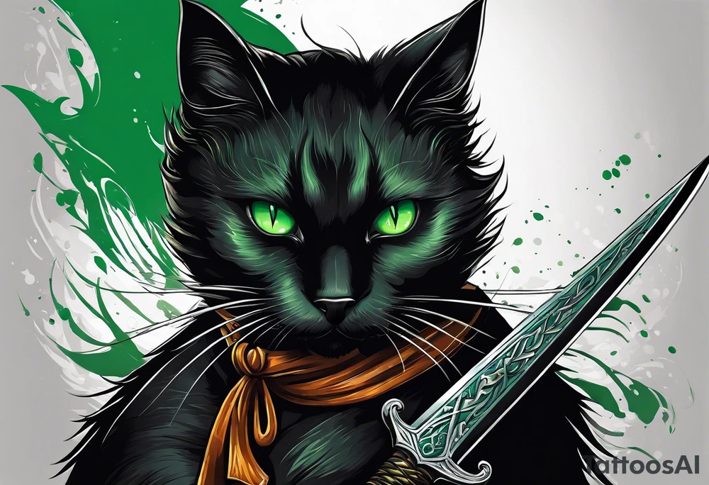 Black cat with green eyes hissing with its tail wrapped around the hilt of a sword tattoo idea