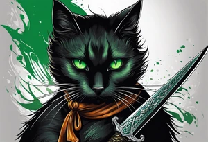Black cat with green eyes hissing with its tail wrapped around the hilt of a sword tattoo idea