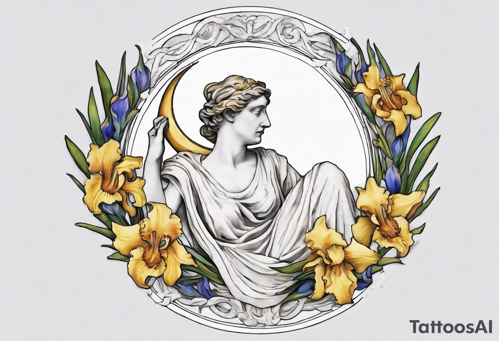 Create a colorful Vincent van Gogh Irises tattoo with an ancient Greek female statue in the middle in white marble. The tattoo should take the form of a crescent, with vines gracefully intertwining at a central point in the middle of the wreath.  The intended placement is on the upper chest. The overall design should be small in size while maintaining a delicate and artistic aesthetic. Pay attention to the graceful flow of the vines and the placement of the irises to achieve a refined and elegant look. tattoo idea