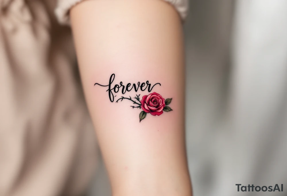 The word "forever" written in flowing black script, wrapped in a red rose stem with soft thorns. tattoo idea